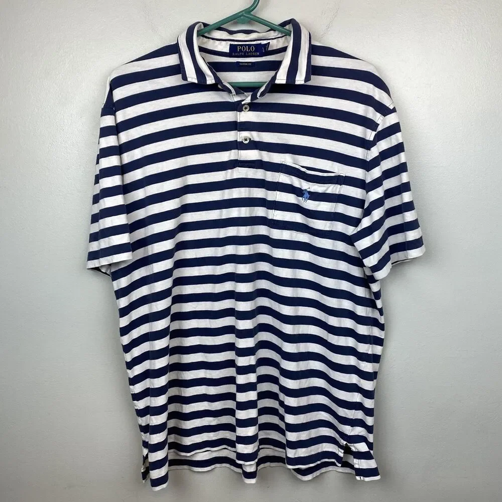 Polo Ralph Lauren Shirt Mens Large Blue White Striped Classic‎ Fit Pocket Pony